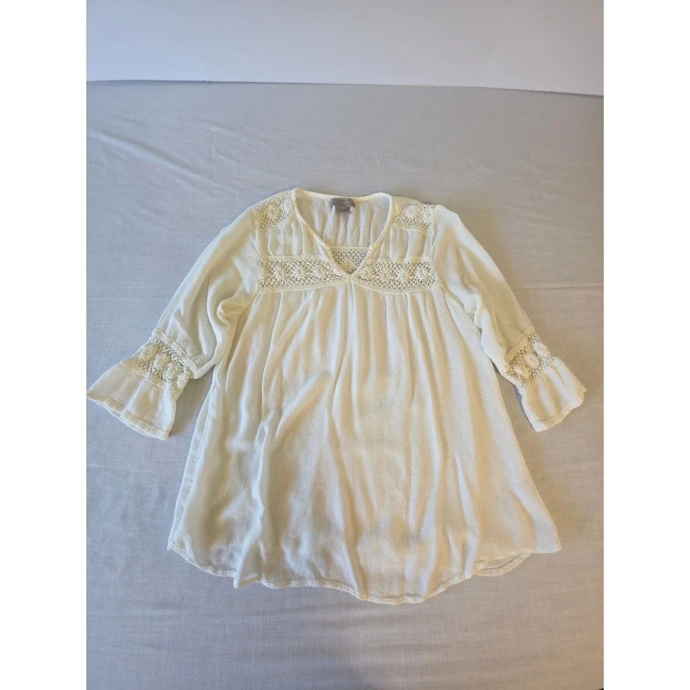 World Market Blouse Crochet Lace Boho Bell Sleeve S/M Ivory Peasant‎ Top